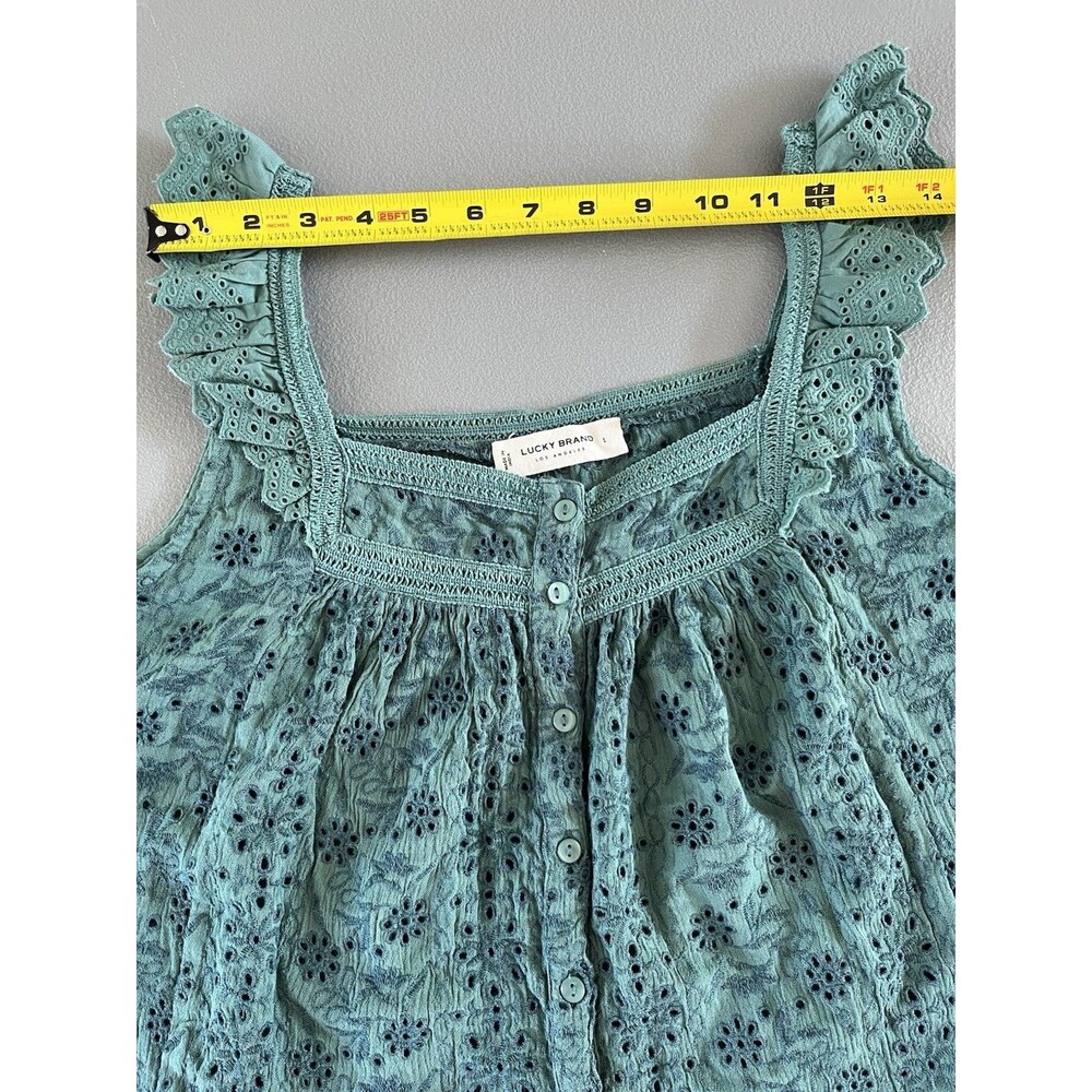 Lucky Brand Eyelet Lace Blouse Top Large Sage Green Cotton Cottagecore Boho - Picture 6 of 10